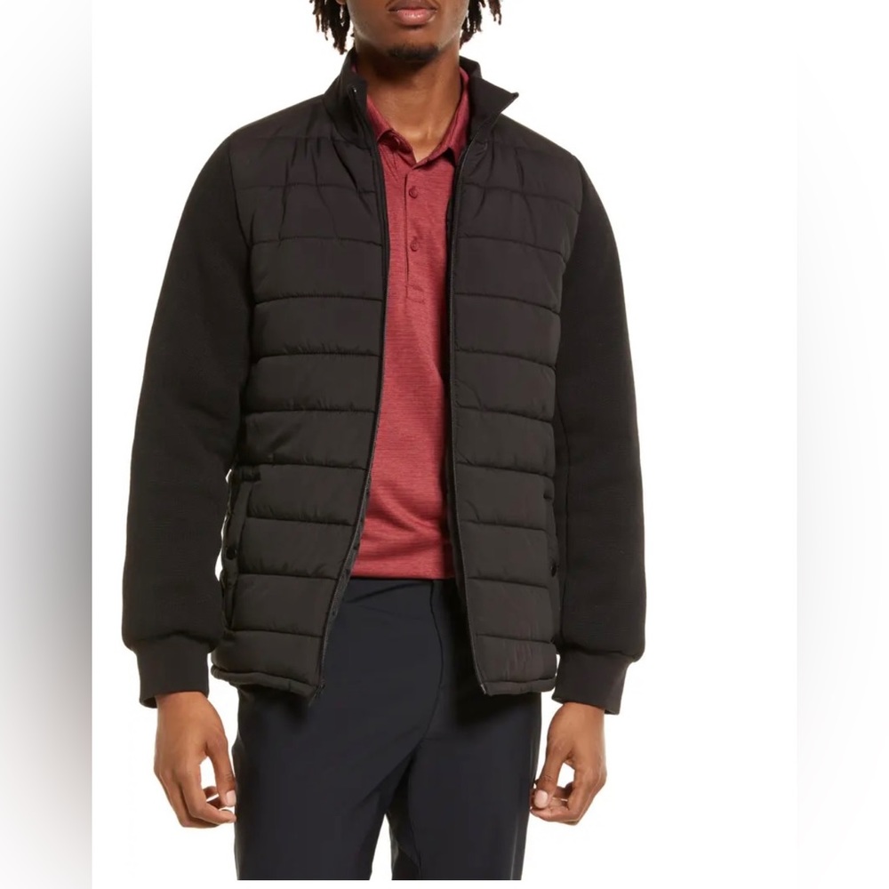 Zella M Mens Puffer Jacket Solid Black Mixed Fabrics Full Zip Knit Sleeve NWT